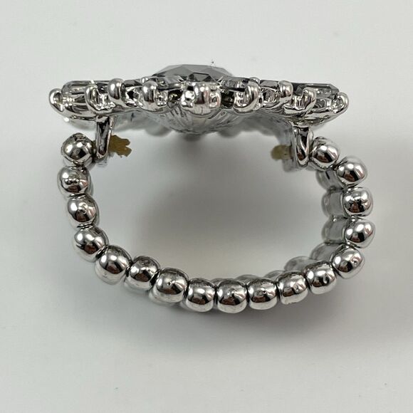 Silver Tone Stretch Band Gray Glass Rhinestone Starburst Bling Ring Adjustable - Picture 6 of 7